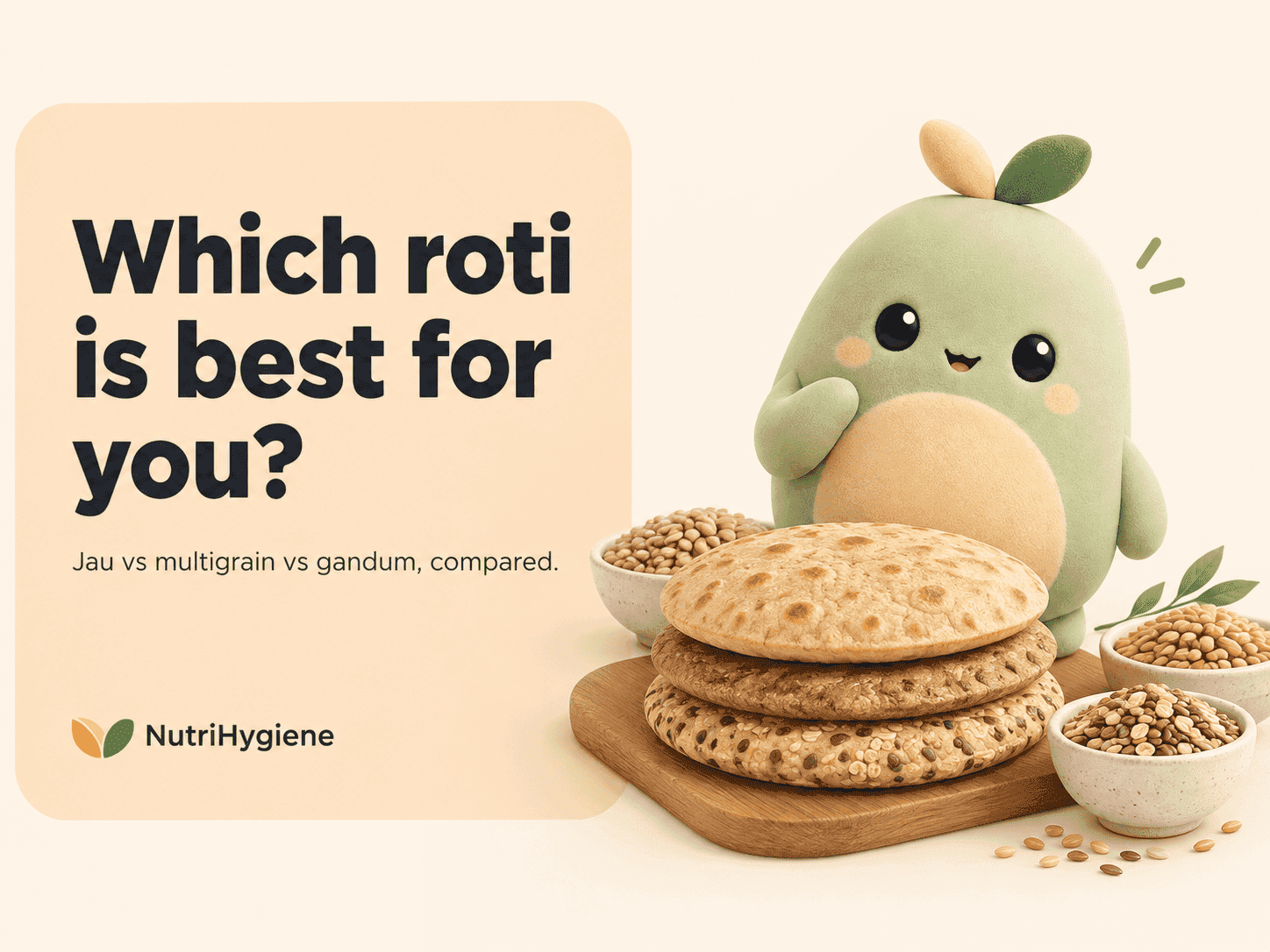 Brio the NutriHygiene mascot beside a stack of wheat, barley and multigrain rotis, with the headline: Which roti is best for you?