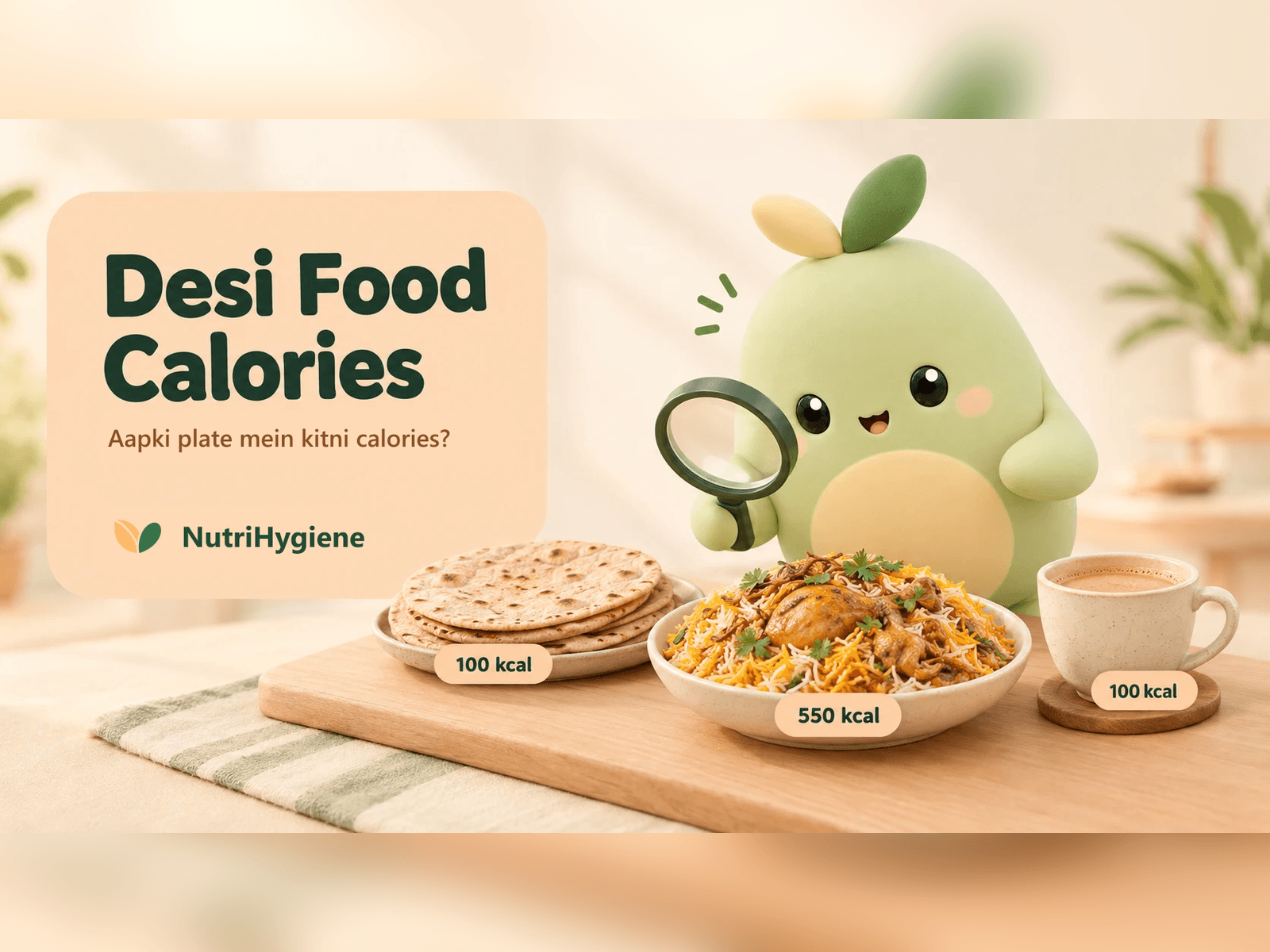 Brio the NutriHygiene mascot looking through a magnifying glass at roti, chicken biryani and chai with calorie tags, with the headline: Desi Food Calories