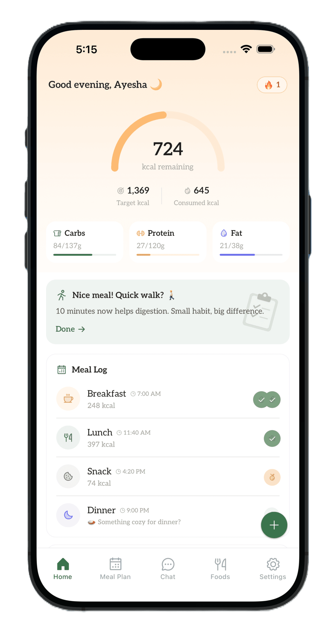 NutriHygiene app home screen showing calories remaining, macro progress, and the day's meal log