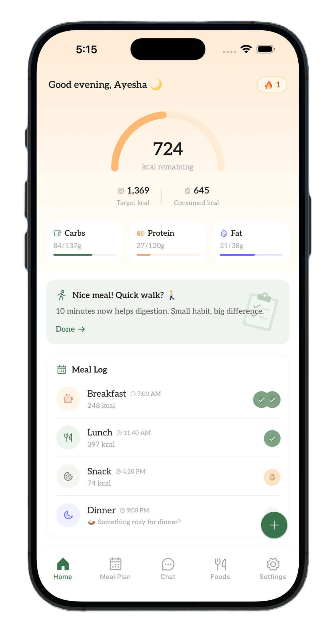 NutriHygiene app home screen showing calories remaining, macro progress, and the day's meal log