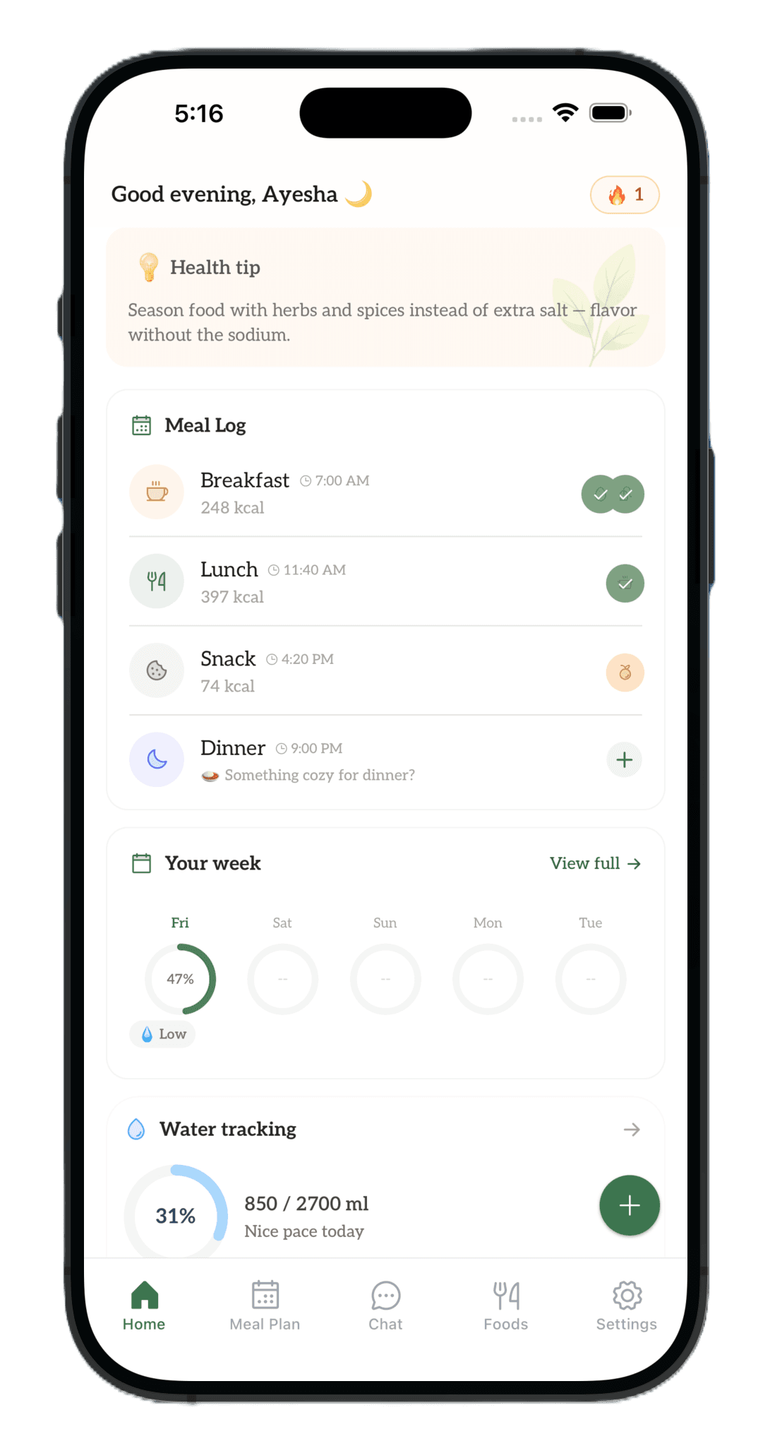NutriHygiene app meal log showing completed meals and weekly progress