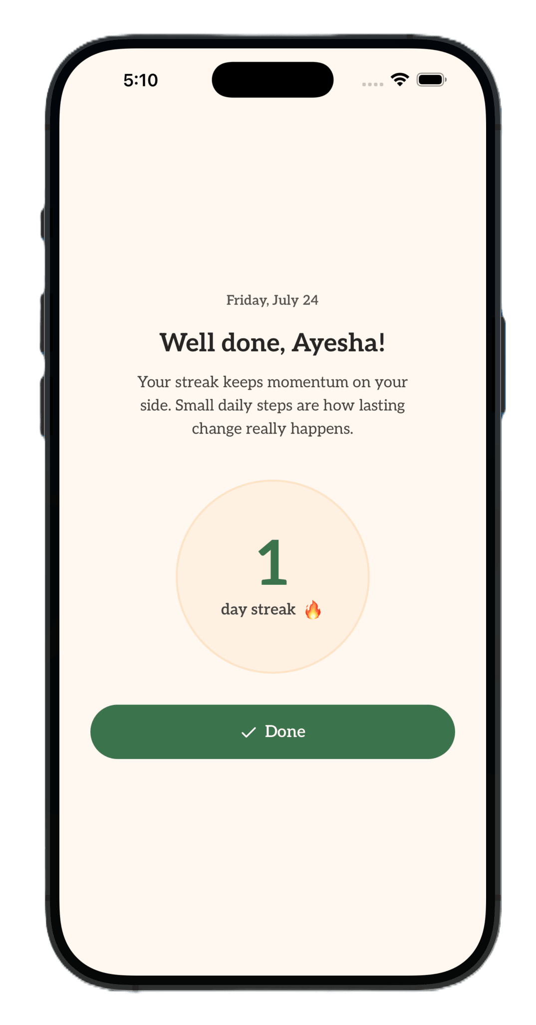 NutriHygiene app streak screen celebrating a day of staying on plan