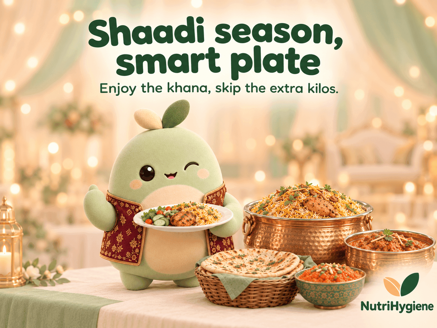 Brio the NutriHygiene mascot at a Pakistani wedding table with biryani and a small plate, with the headline: Shaadi season, smart plate