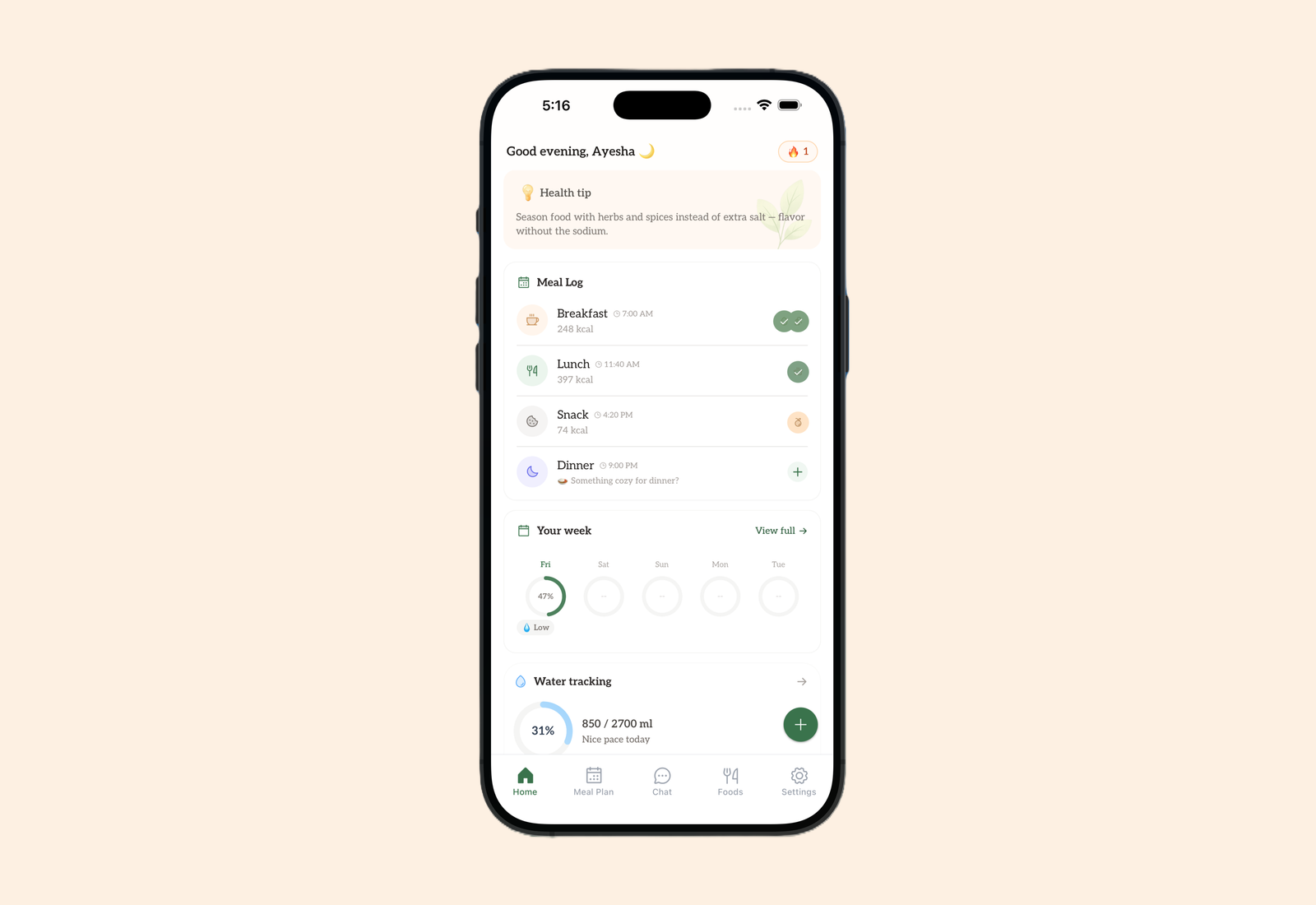 NutriHygiene app home screen with the meal log showing calories for breakfast, lunch and snack, and dinner still to log
