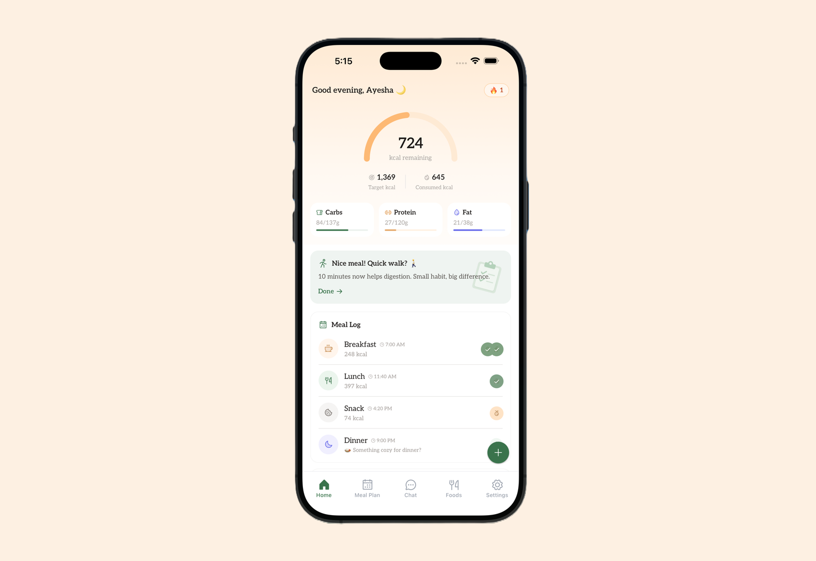 NutriHygiene app home screen showing calories remaining, the daily target, carbs, protein and fat, and the meal log for breakfast, lunch, snack and dinner